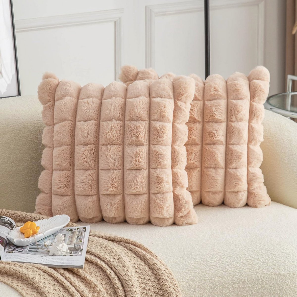 Neelvin Camel Faux Fur Cozy Soft Plaid Decorative Throw Pillow Covers 16x16 inch Set of 2, Velvet Pillowcase Cushion Cover for Sofa Couch