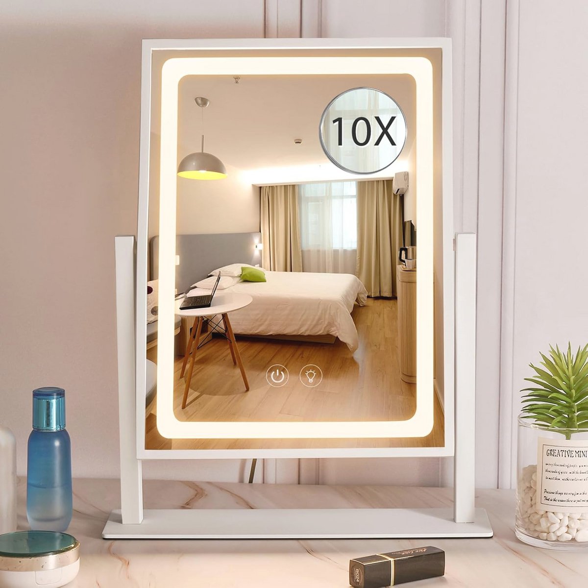 Hollywood make-upspiegel met verlichting en Smart Touch Control - 3 kleuren dimbaar licht, 10x vergrotingsspiegel (40,6 cm, wit)