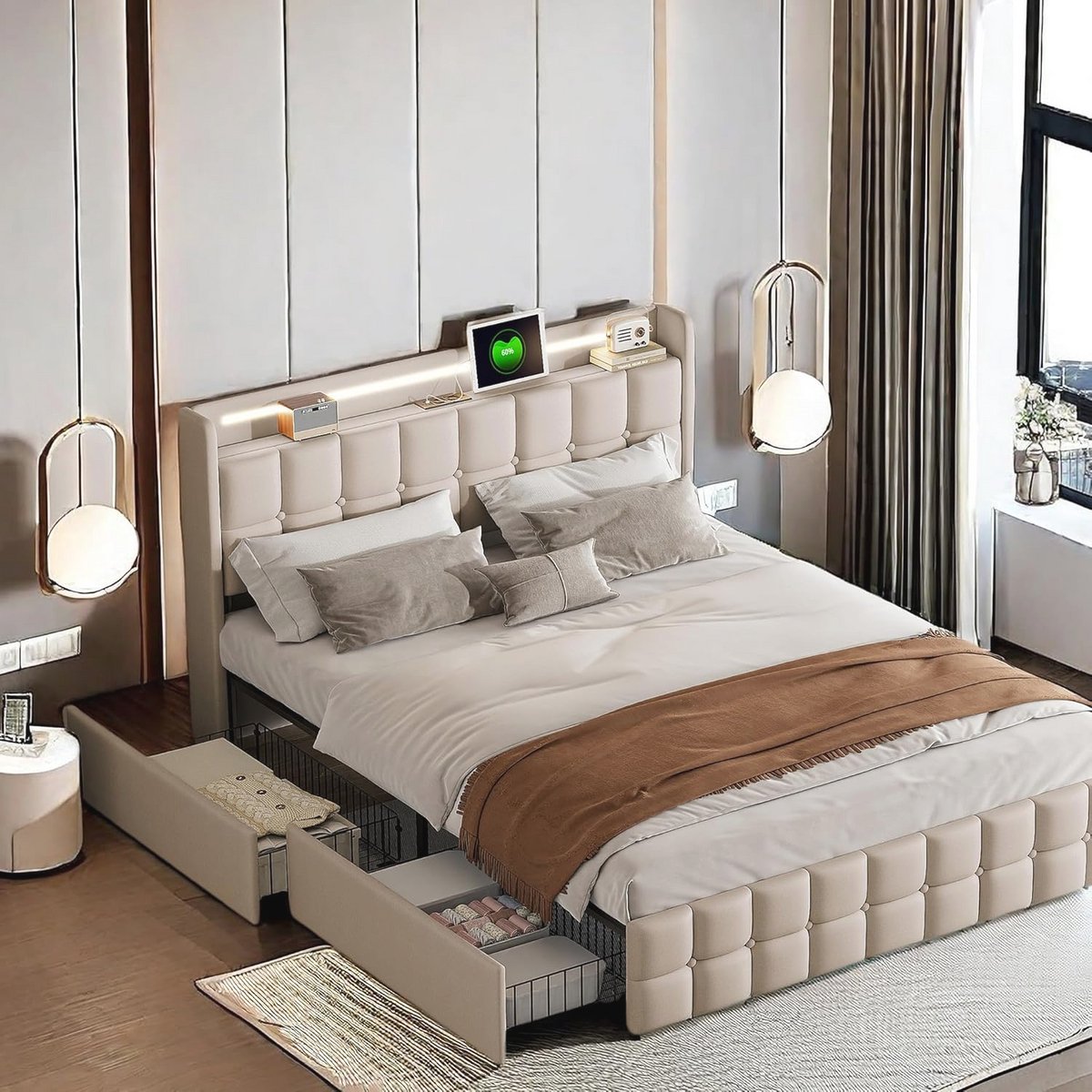 Dubbel bed met LED-verlichting en USB-oplaadfunctie 160x200cm, luxe bedframe met opbergruimte