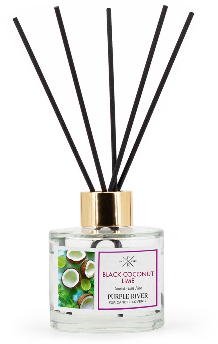 Purple River Candle rieten diffuser - zwarte kokosnoot en limoen geur - met rietstokjes