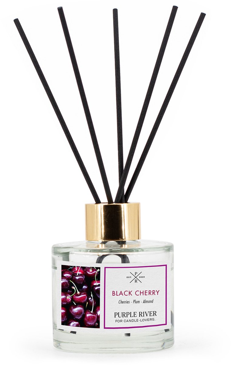 Purple River Candle Geurstokjes - 100 ml - glas - zwarte kers - rietstokjes