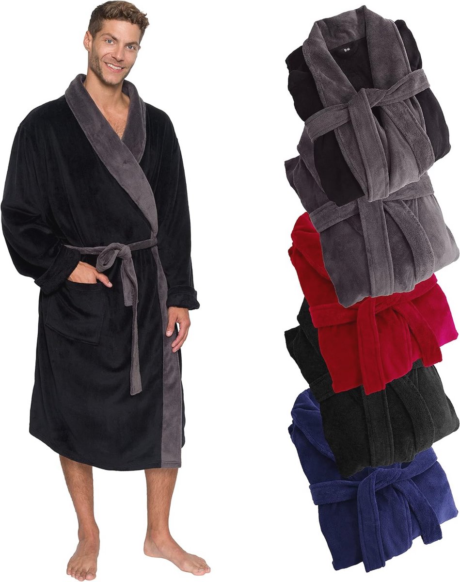 Herenbadjas sjaalkraag wikkelstijl - Halflange pluche fleece badjas