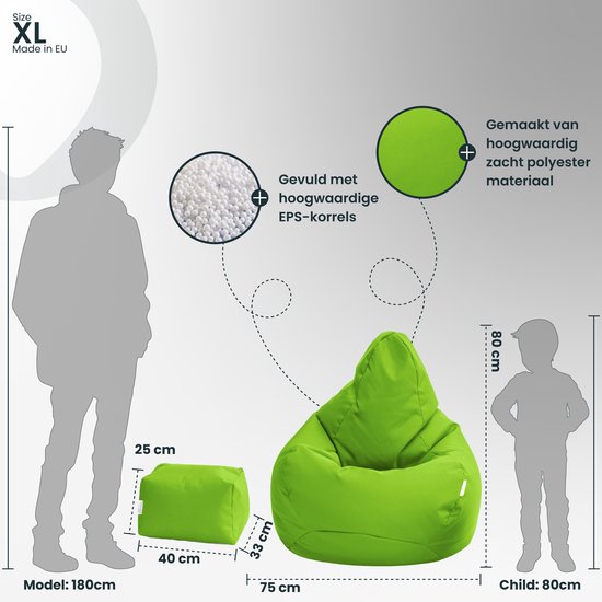 Afmetingen en kenmerken van een limegroene XL zitzak en poef, met silhouetten van volwassenen en kinderen.