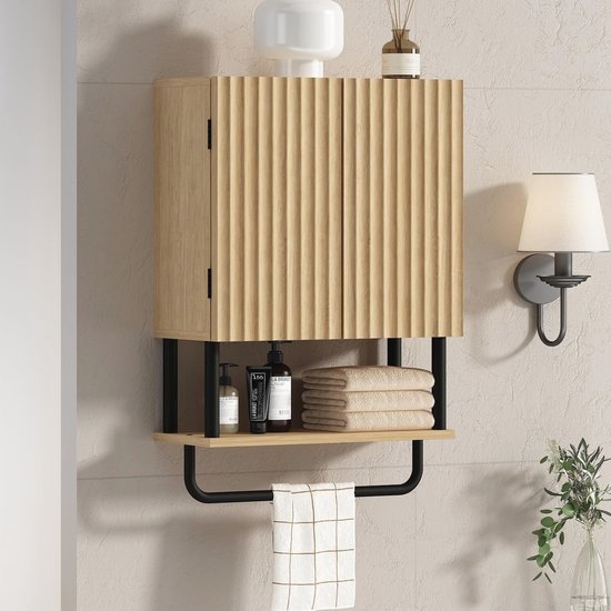 RRX Badkamer wandkasten met handdoekbar, opbergkast, boven de toiletopslag met 2 deuren en verstelbare plank, wandkast voor badkamer waskeuken (Black