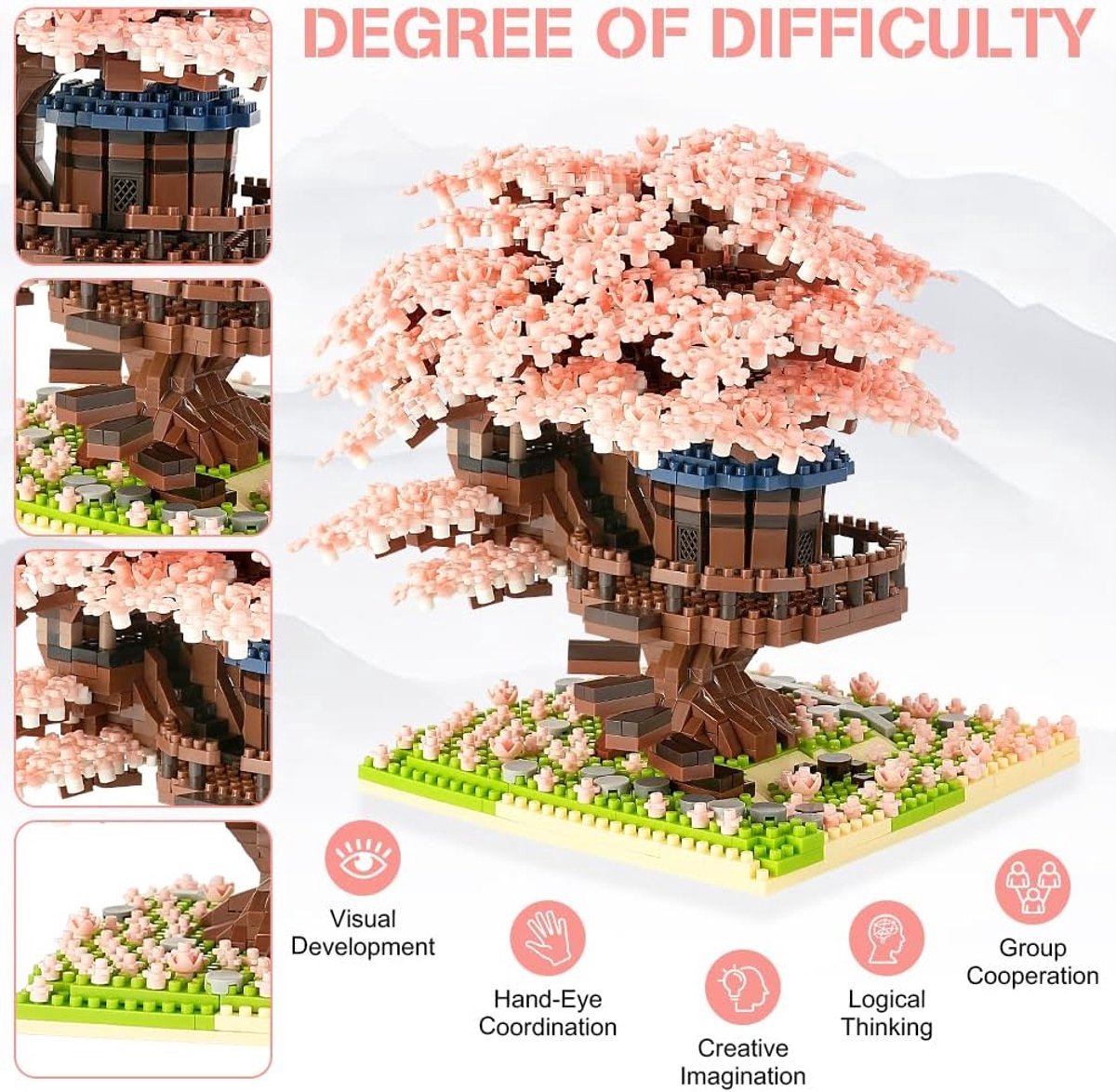 Namajunas - Mini Bouwspeelgoed - Bouwpakketten volwassenen - Bouwpakket kinderen - Boomhut Serie Collection - Botanical Bloemen - Bouwsets - Niet geschikt voor LEGO - 2151 bouwsteencadeaus - Roze boomhut - Decoratie voor Huis, Pasen, Moederdag — cadeau in Spellen & Speelgoed - foto 7