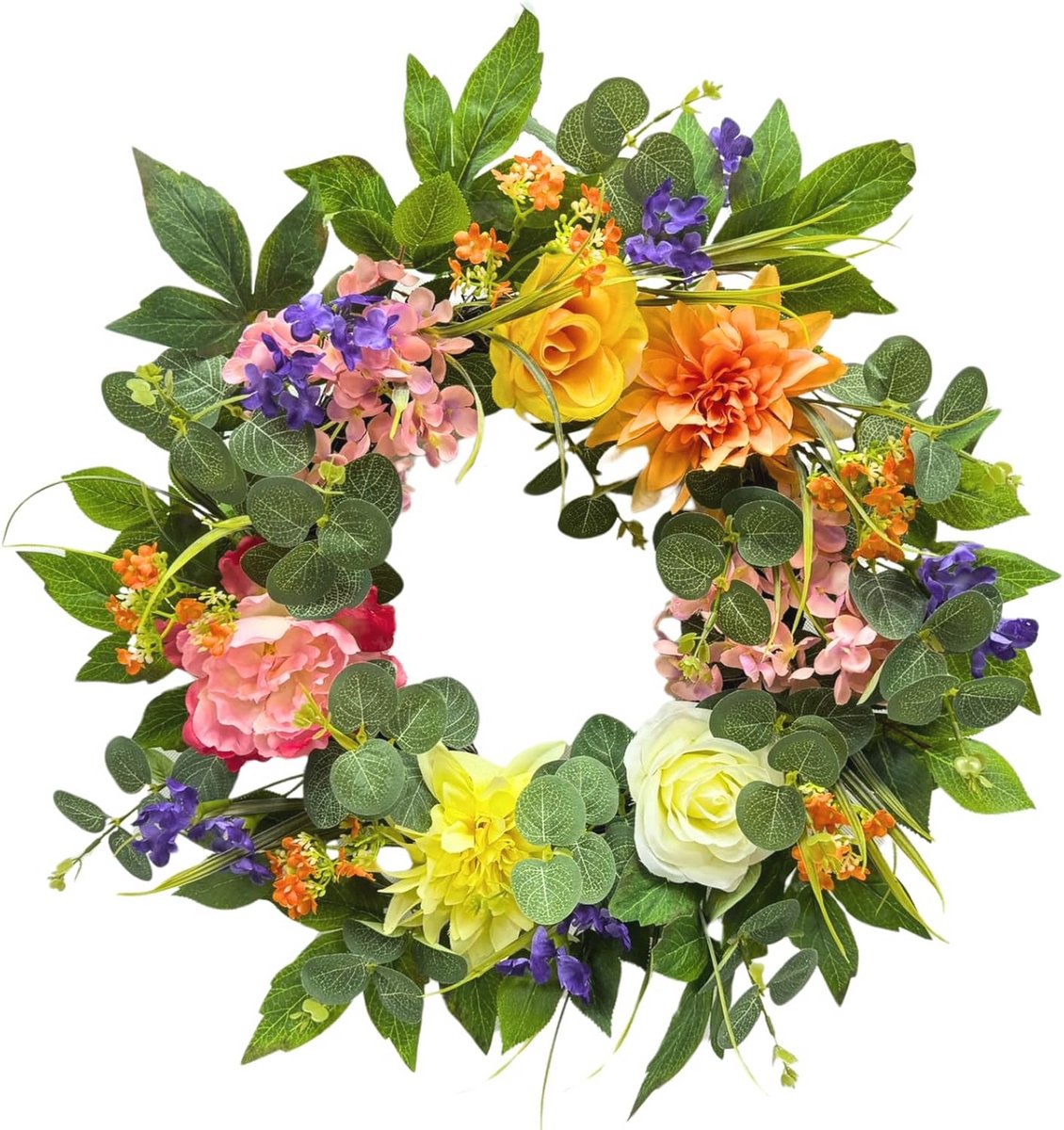 Lente- en zomerkrans van 56 cm voor voordeur met dahlia's, rozen en eucalyptus