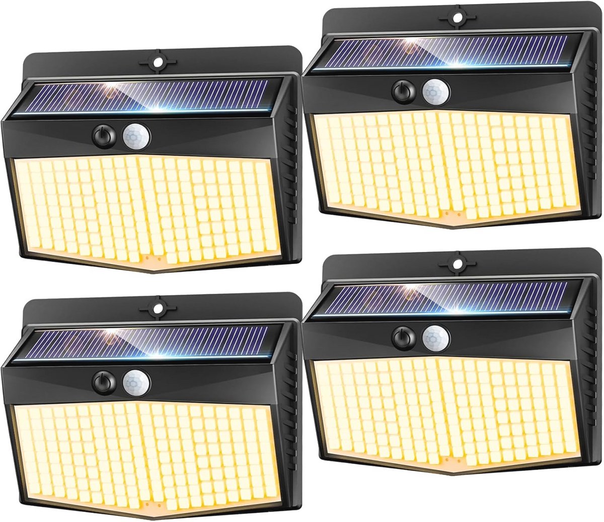 Zonnelamp voor Buiten met Bewegingsmelder - 168 LEDs - Waterdicht & Zonne-energie - 4 Stuks - Warm Wit