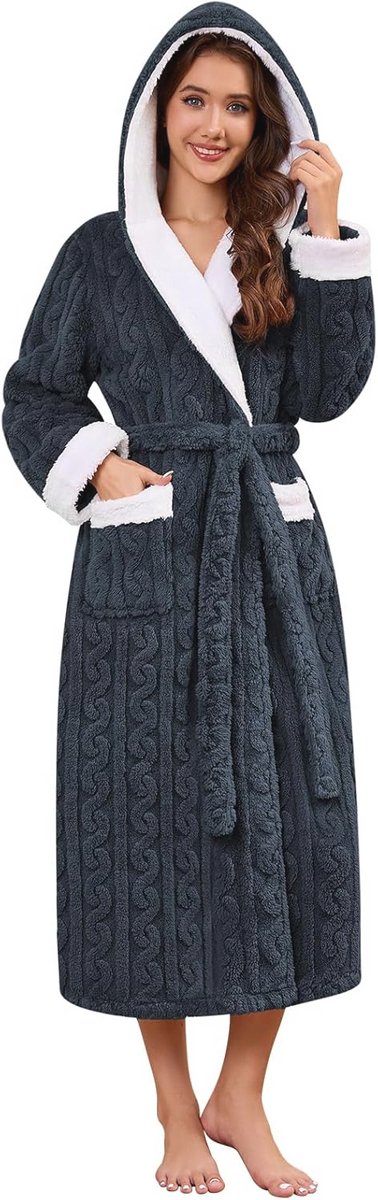 Dames Fleece Lange Badjas met Capuchon en Pockets - Luxe en Chic Winterbadjas