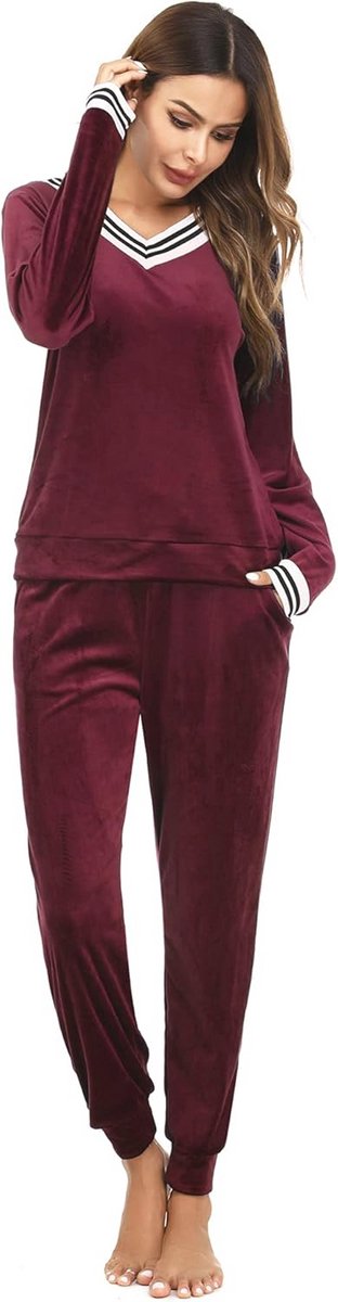 Fluwelen Pyjama Set voor Vrouwen – Lange Casual V-hals Nachtkleding in Kastanjebruin XL