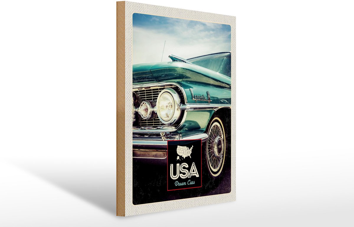 Femer Holzschild Reise 30x40cm USA Amerika blauer Oldtimer Blauw