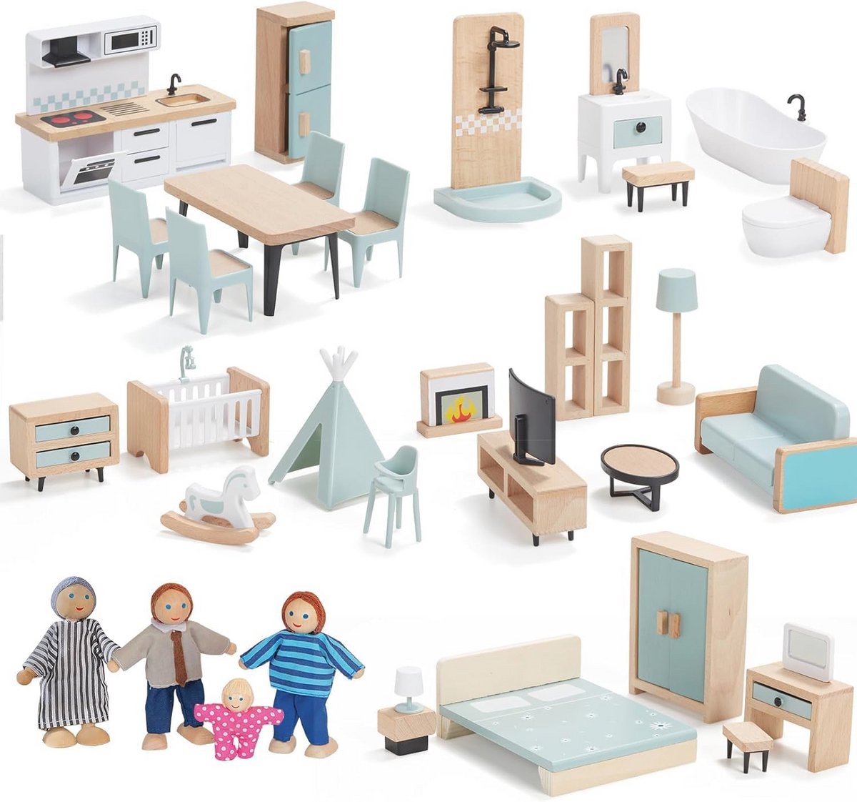 Houten Poppenhuis Meubelset - 36 Delige Set met Gezinspoppen & Accessoires voor Creatief Spelen