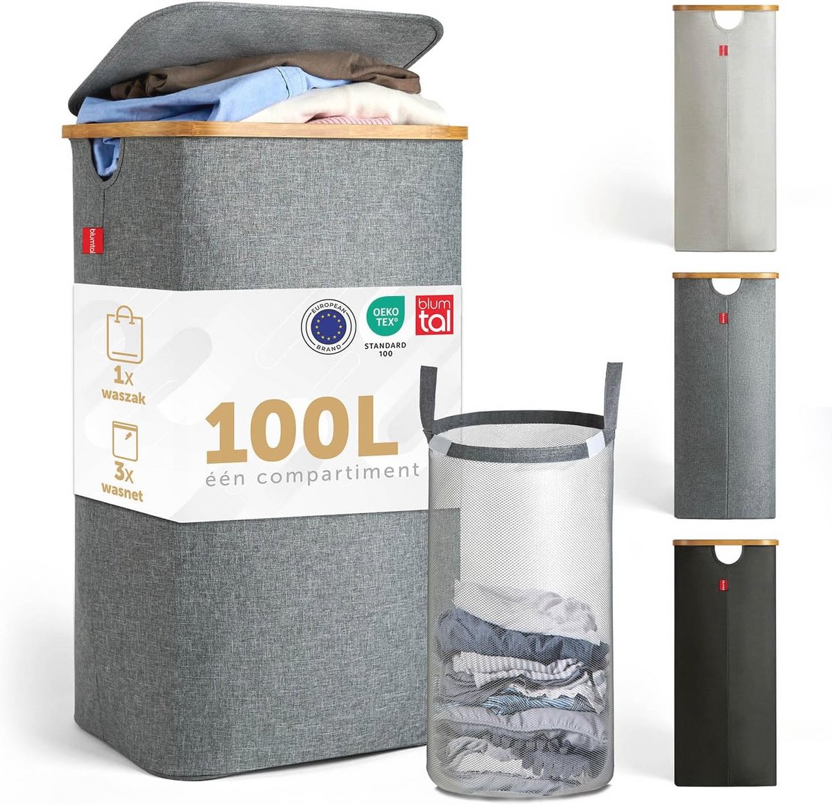 Narrow Laundry Basket with Lid and Removable Bag - 100L Capacity - Grey