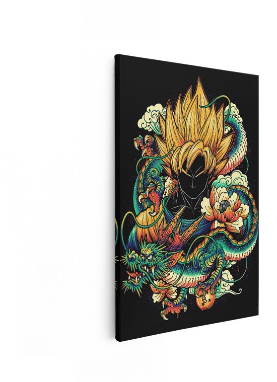 Canvas met een gedetailleerd kunstwerk van Goku Super Saiyan met een draak, bloemen en wolken op een zwarte achtergrond.