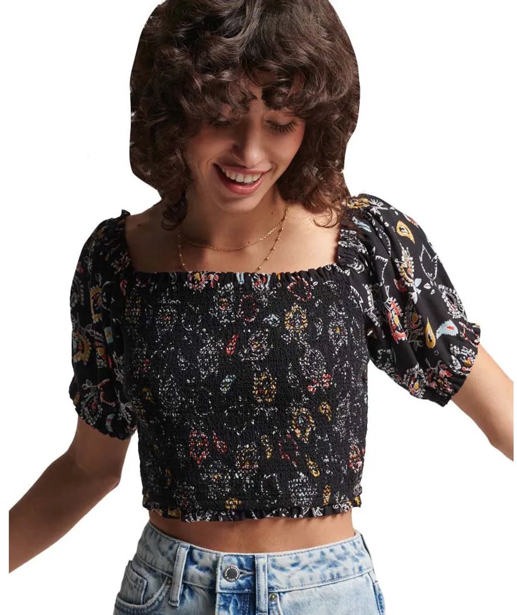 Superdry Vintage Smocked Crop Korte Mouw Top M Vrouw Olivia Paisley Floral