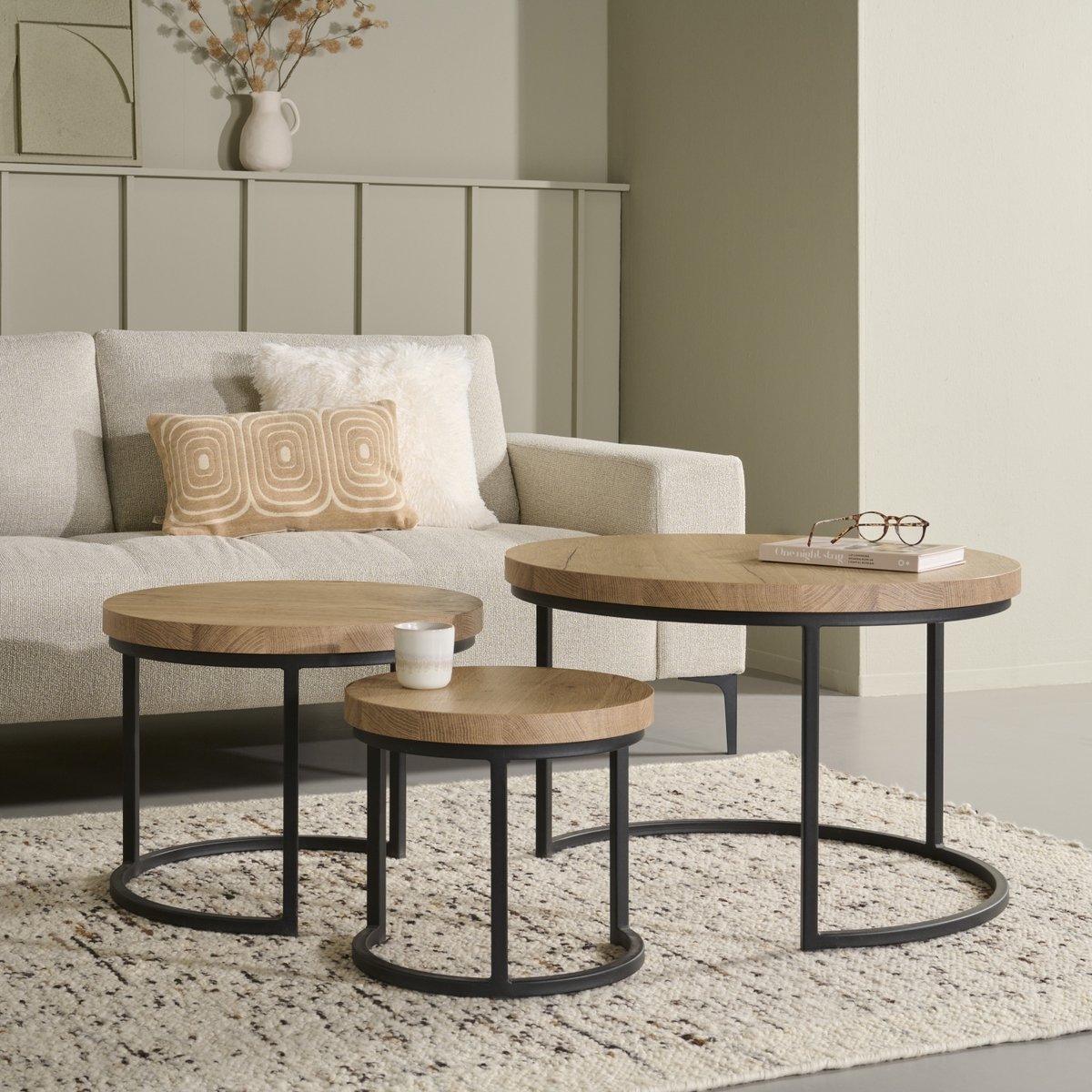 Salontafel (set 3 Stuks) Hoenderloo - Lamulux / Metaal - Naturel / Zwart - 75x51x75 cm (BxHxD) - Eiken Houtlook