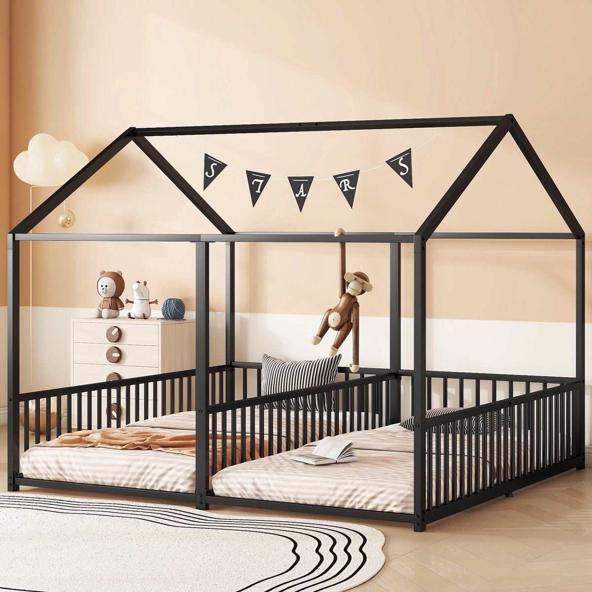 MODFU Bedframe 90x200 cm van metaal – zwart – huisvormig ontwerp met veilig hek en ladder – stapelbed voor 2 kinderen