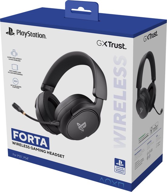 Verpakking van de Trust GXT 499 Forta draadloze gaming headset, officieel gelicentieerd voor PS5.