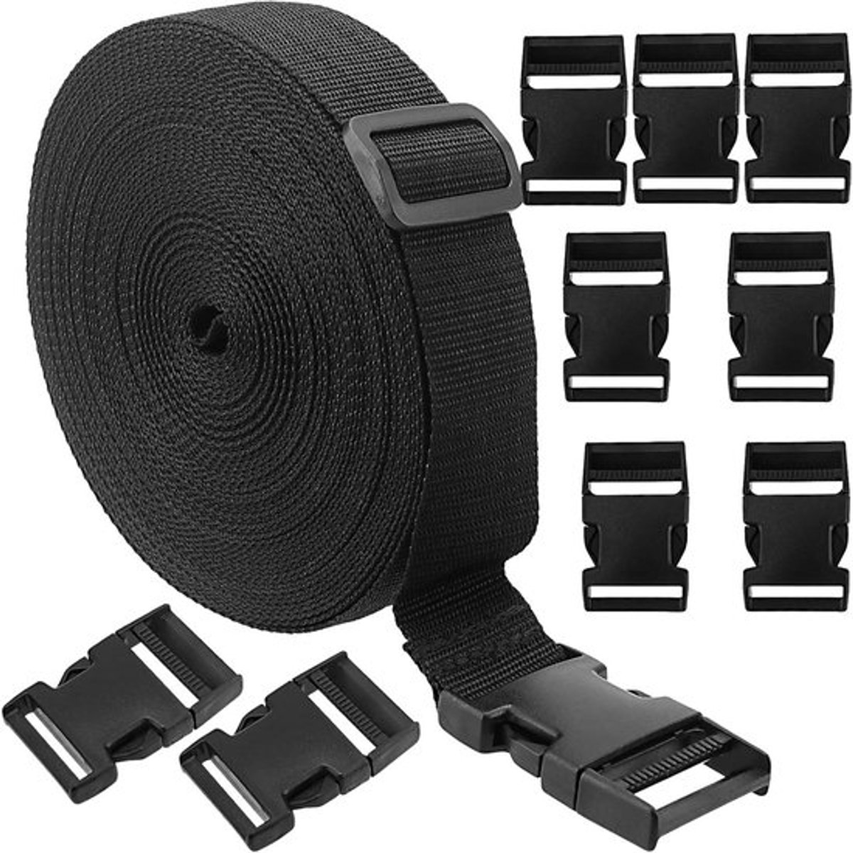 Zwarte nylon singelband 21 yards x 1,5 inch met platte zijontgrendelingsgespen - voor bagage en rugzakriem.