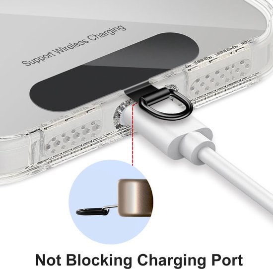 Zwarte telefoonkoordclip met D-ring, aangesloten op een telefoonhoesje dat draadloos opladen ondersteunt en het laadpoort niet blokkeert.