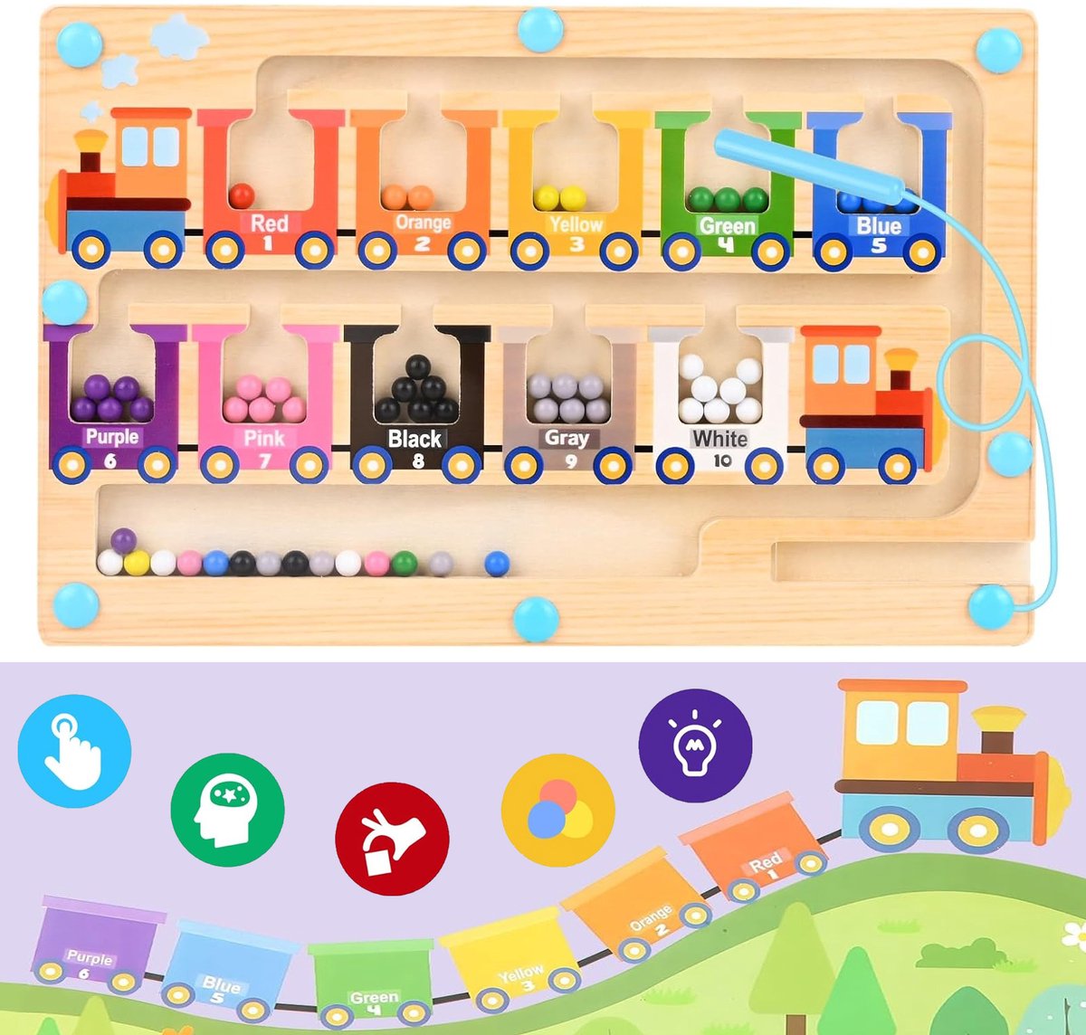 Magnetisch Doolhof Speelgoed - Trein Thema - Houten Cijfer & Kleur Sorteerspel - Fijne Motoriek & Concentratie Training - Voor Kinderen vanaf 3 Jaar