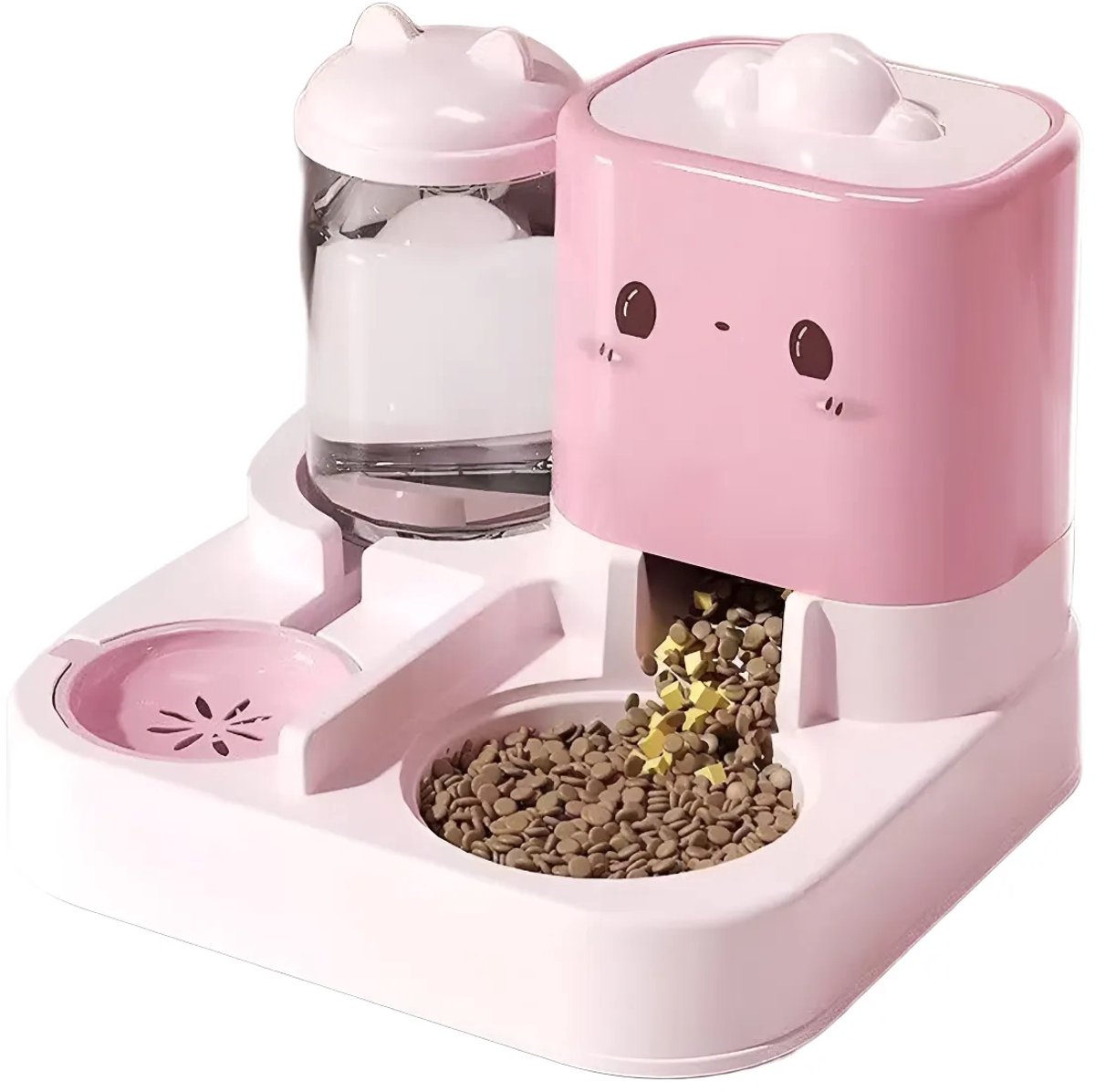 Drinkfontein kat - Automatische voerbak - Voederhuisje - Voederhuisje op paal - Voerdispenser huisdieren - voerbak en drinkbak - voer- en waterdispenser set - PP - roze - 25 x 17 x 23,5 cm