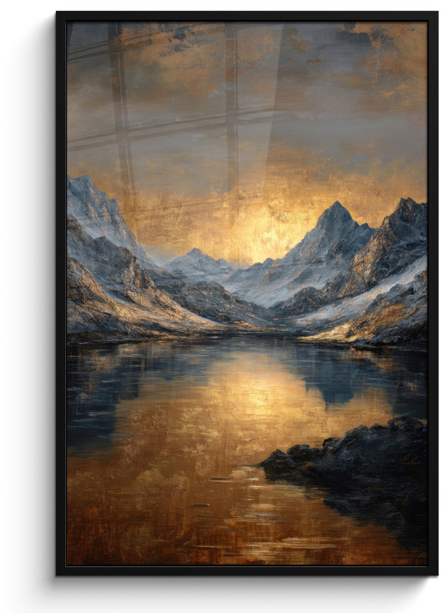 FrameYourWall Poster in lijst - Fotolijst 80x120 cm - Posters - Berglandschap met Gouden Zonsondergang - Posterlijst zwart - Decoratie - Wanddecoratie woonkamer - Muurdecoratie slaapkamer Bergen - Zonsondergang - Meer