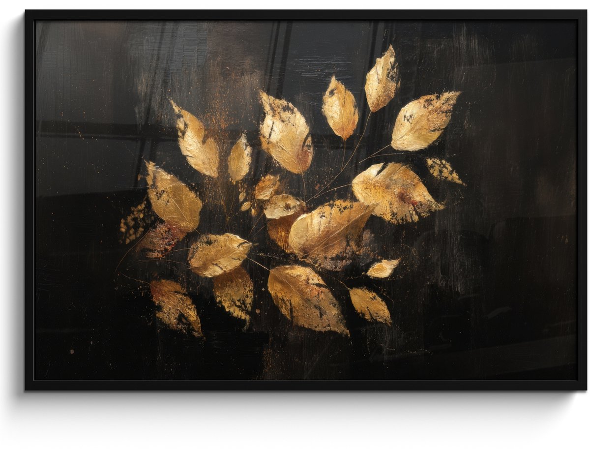 FrameYourWall Poster in lijst - Fotolijst 120x80 cm - Posters - Gouden Bladeren op Donkere Achtergrond - Posterlijst zwart - Decoratie - Wanddecoratie woonkamer - Muurdecoratie slaapkamer Bladeren - Goud