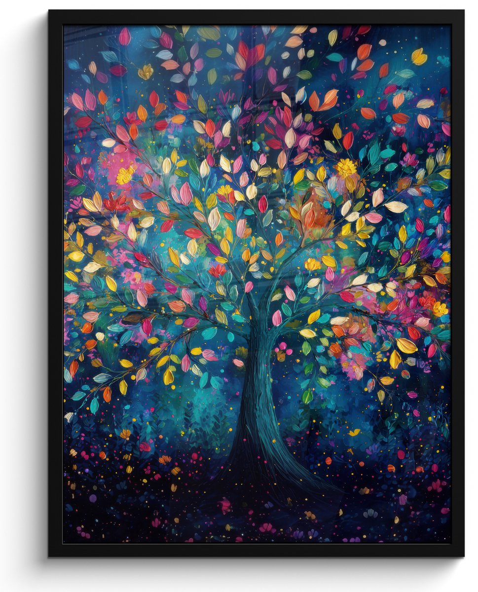 FrameYourWall Poster in lijst - Fotolijst 60x80 cm - Posters - Kleurrijk - Boom - Magisch - Abstract - Posterlijst zwart - Decoratie - Wanddecoratie woonkamer - Muurdecoratie slaapkamer