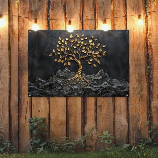 Affiche de jardin 120x80 cm - Décoration de jardin Feuilles - Or - Arbre - Roche - Affiche pour le jardin - Décoration extérieure - Tableau de jardin clôture - Toile de jardin décoration murale - Décoration murale toile de balcon