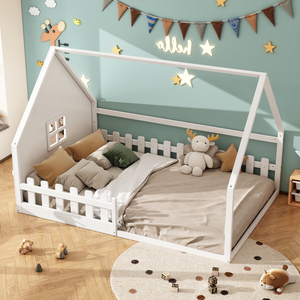 STILVORA Kinderbed 140x200 cm – Huisvorm Bed met Omheining – Stimuleert Verbeelding & Veiligheid – Grenen+MDF – Wit – Zonder matras
