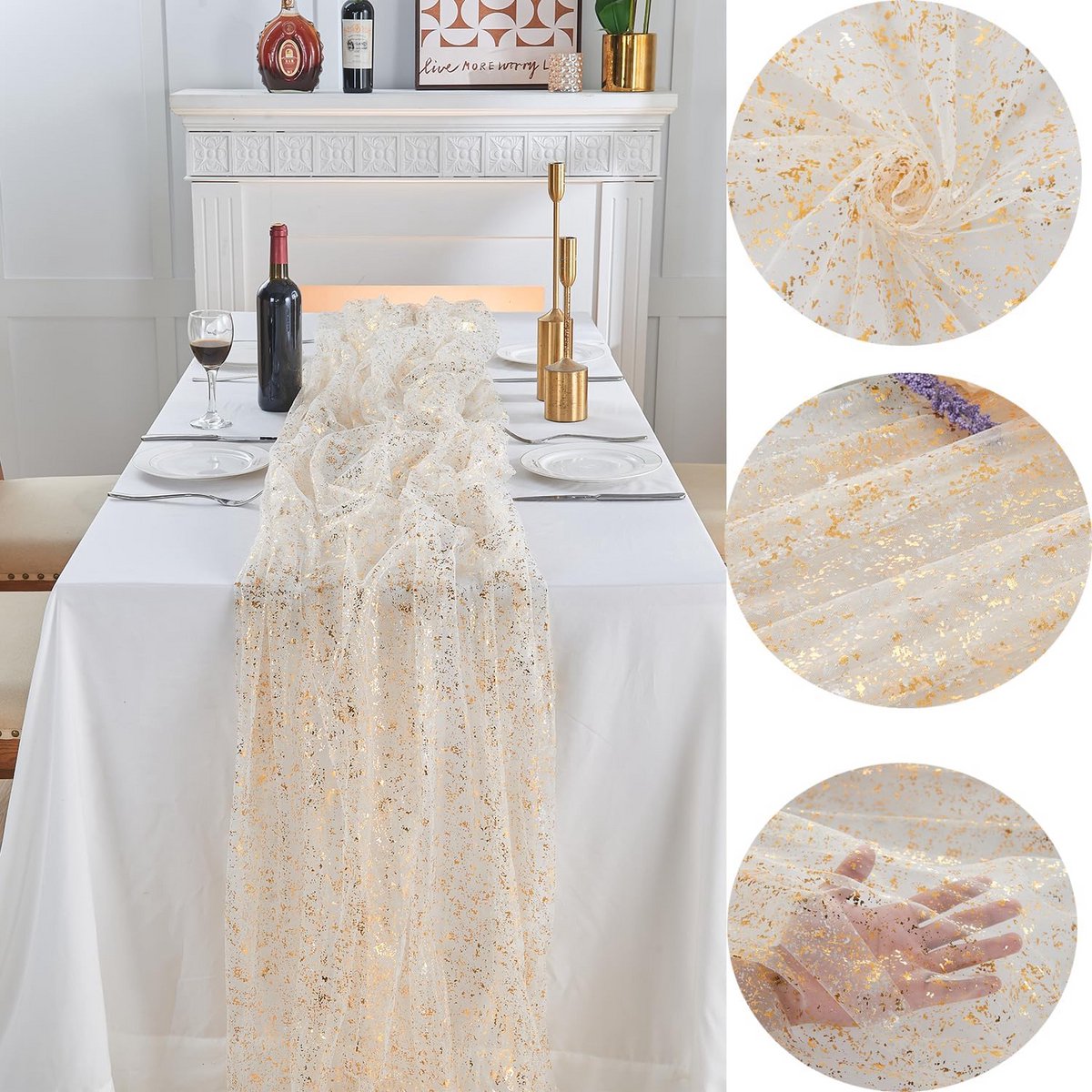 Luxe Gouden Tule Tafelloper met Pailletten voor Feestelijke Decoratie