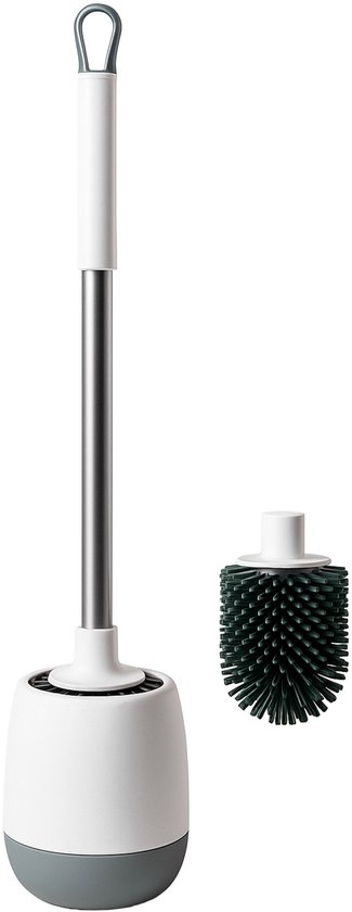 Witte en grijze toiletborstel met groene siliconen borstelkop en aparte borstelkop, geïsoleerd op een witte achtergrond.