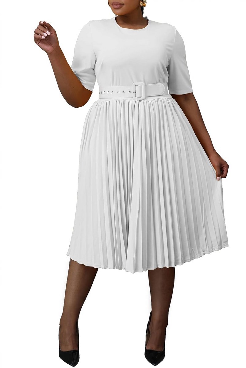 Plus Size Midi Jurk met Korte Mouw en Riem - A-lijn Jurk voor Dames