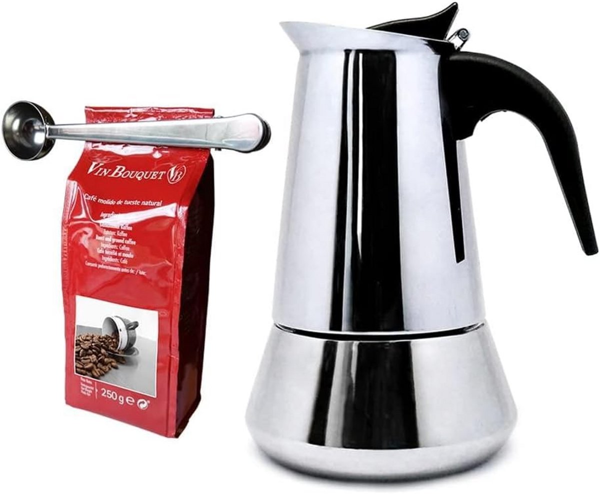 Moka Express Koffiezetapparaat voor Inductie - 6 Kopjes - Inclusief Opscheplepel en Zakjesklem