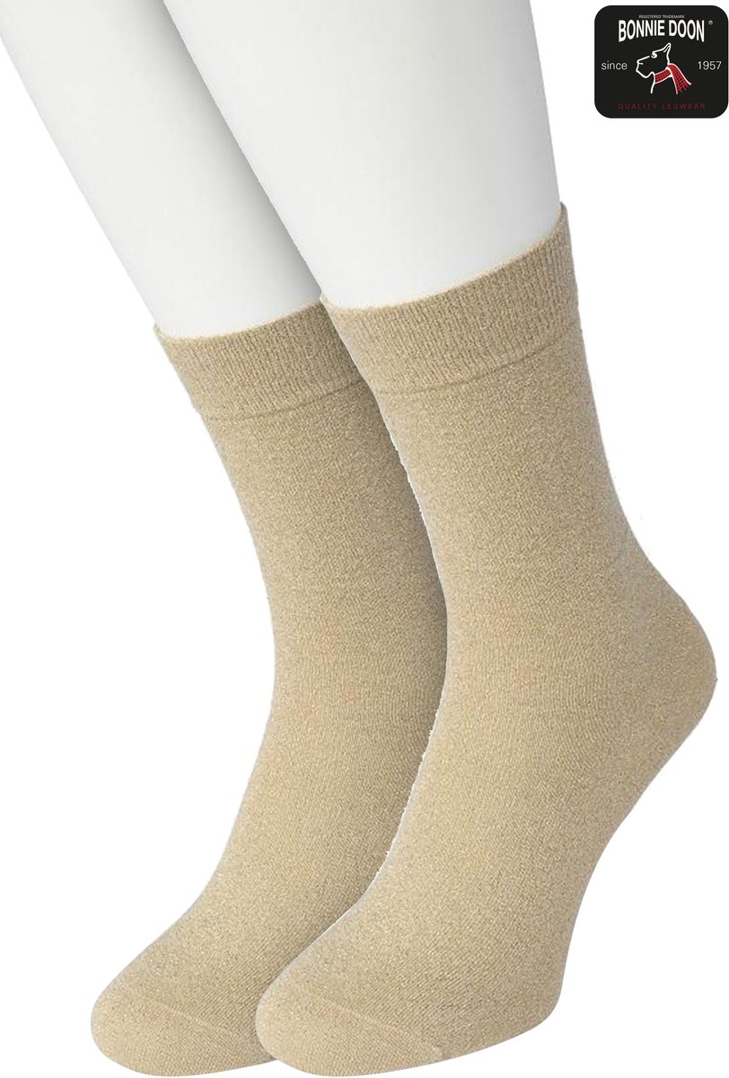 Bonnie Doon Set Katoenen Glitter Sokken Dames Beige Camel maat 36/42 - Set met 2 paar Sokken - Glitter Subtiel - Katoen met zachte Lurex - Zachte Sokken - Gladde Naden - Perfecte Pasform - 2 pack - Multipack - Beige Camel - OL05113802.167