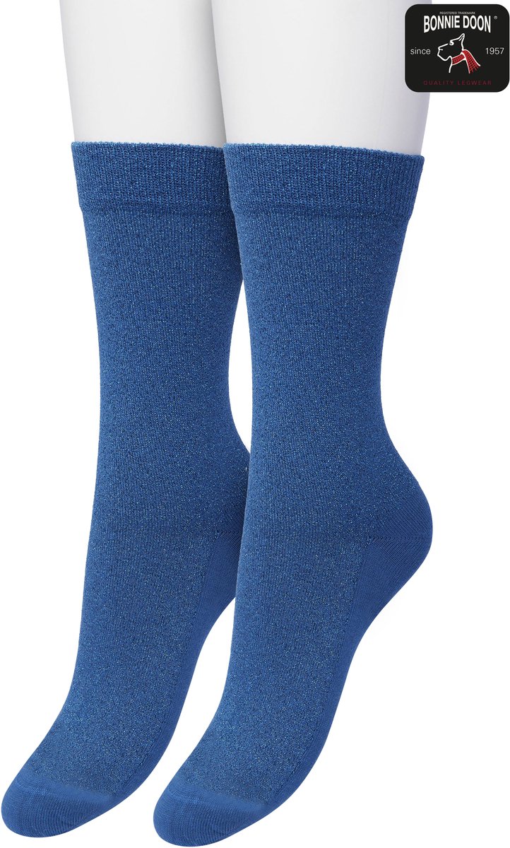 Bonnie Doon Set Katoenen Glitter Sokken Dames Helder Blauw maat 36/42 - Set met 2 paar Sokken - Glitter Subtiel - Katoen met zachte Lurex - Zachte Sokken - Gladde Naden - Perfecte Pasform - 2 pack - Multipack - Blauw - OL05113802.146