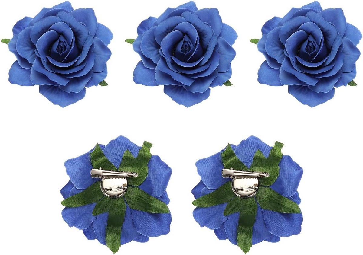 Set van 5 Roos Haarclips Bloem Speldjes Blauw 10 cm - Haaraccessoires voor Dames