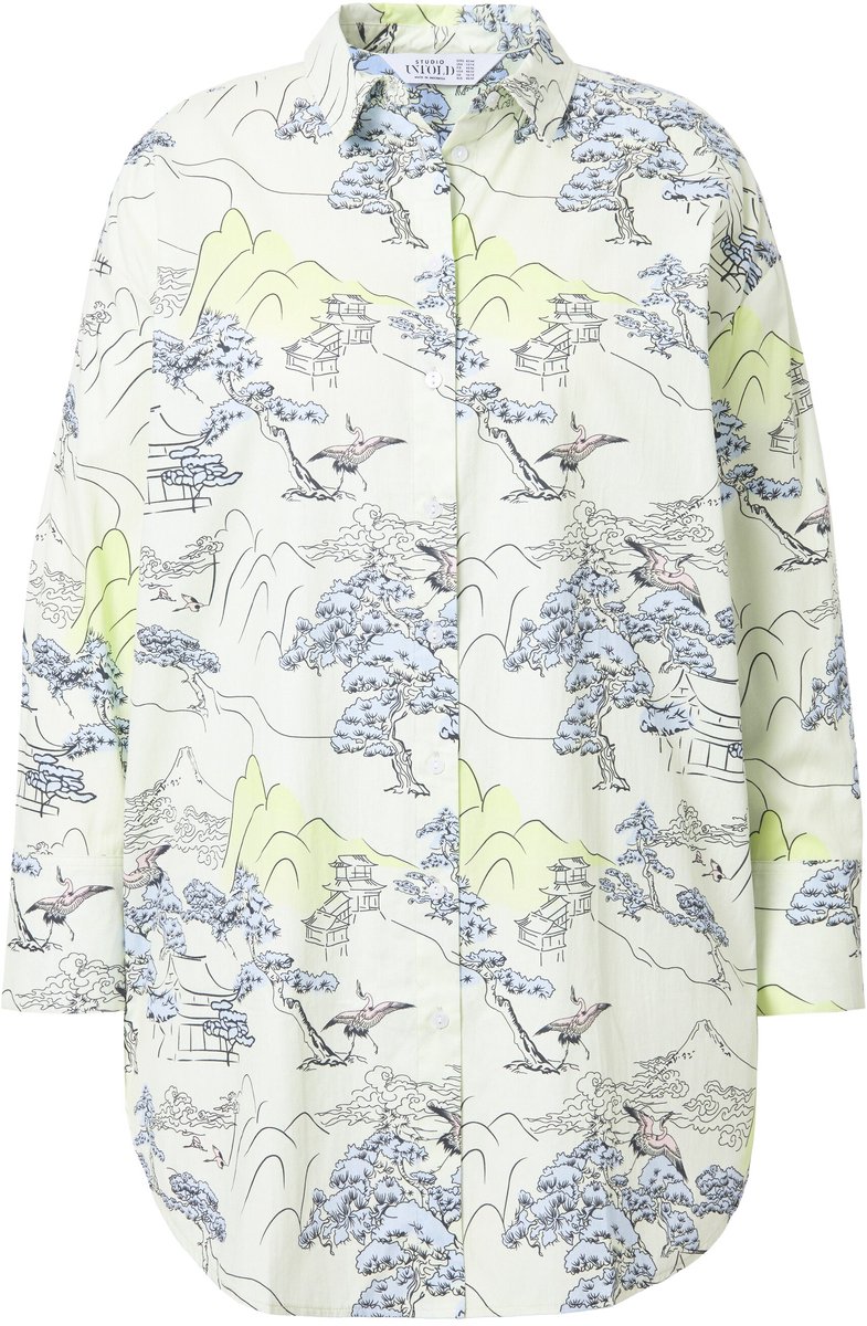 Studio Untold - Dames - Oversized overhemdblouse print all-over lange mouwen - Pastelgeel - Maat 42+