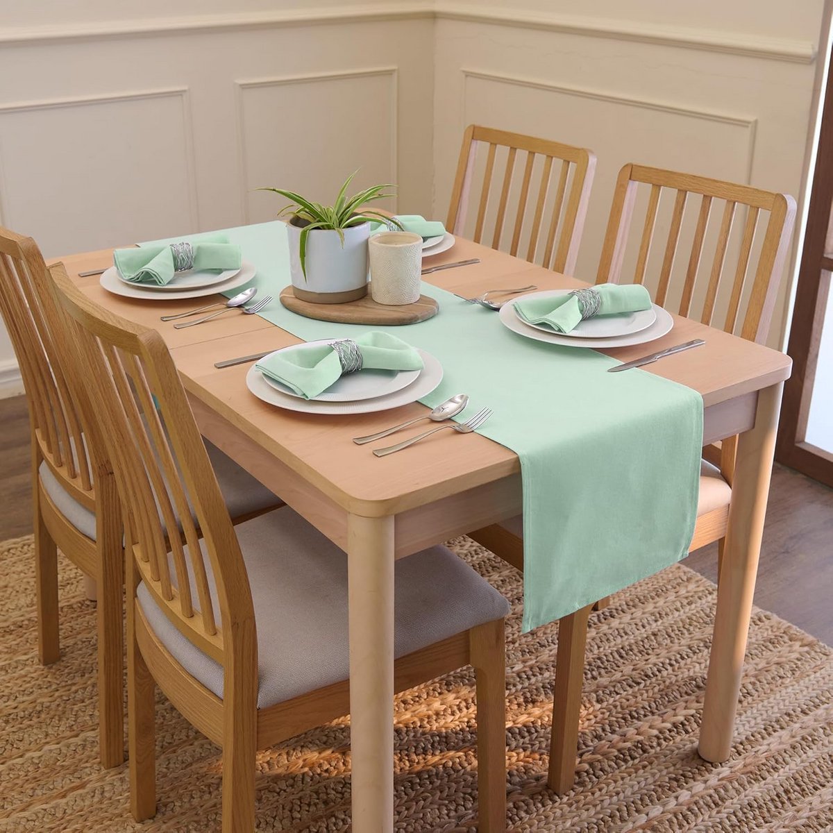 Tafelloper Katoen Effen Kleur Rechthoekig voor 4-6 Persoons Eettafel Mintgroen