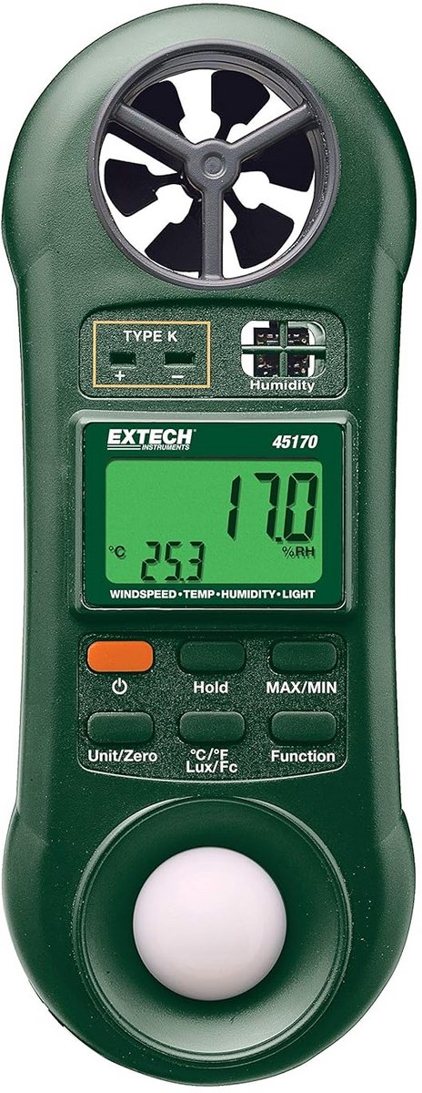 4-in-1 Omgevingsmeter: Temperatuur, Luchtvochtigheid, Luchtstroomsnelheid en Lichtmeter