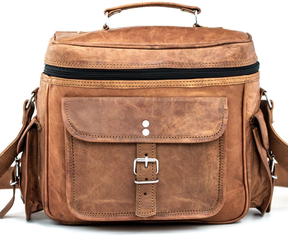 Echt Leer Schoudertas – Werktas – Fototas – Picknicktas – 35x25x15cm - Urban Chique ‘Alba’ - Met Veel Vakken OnceDoce® model 0172