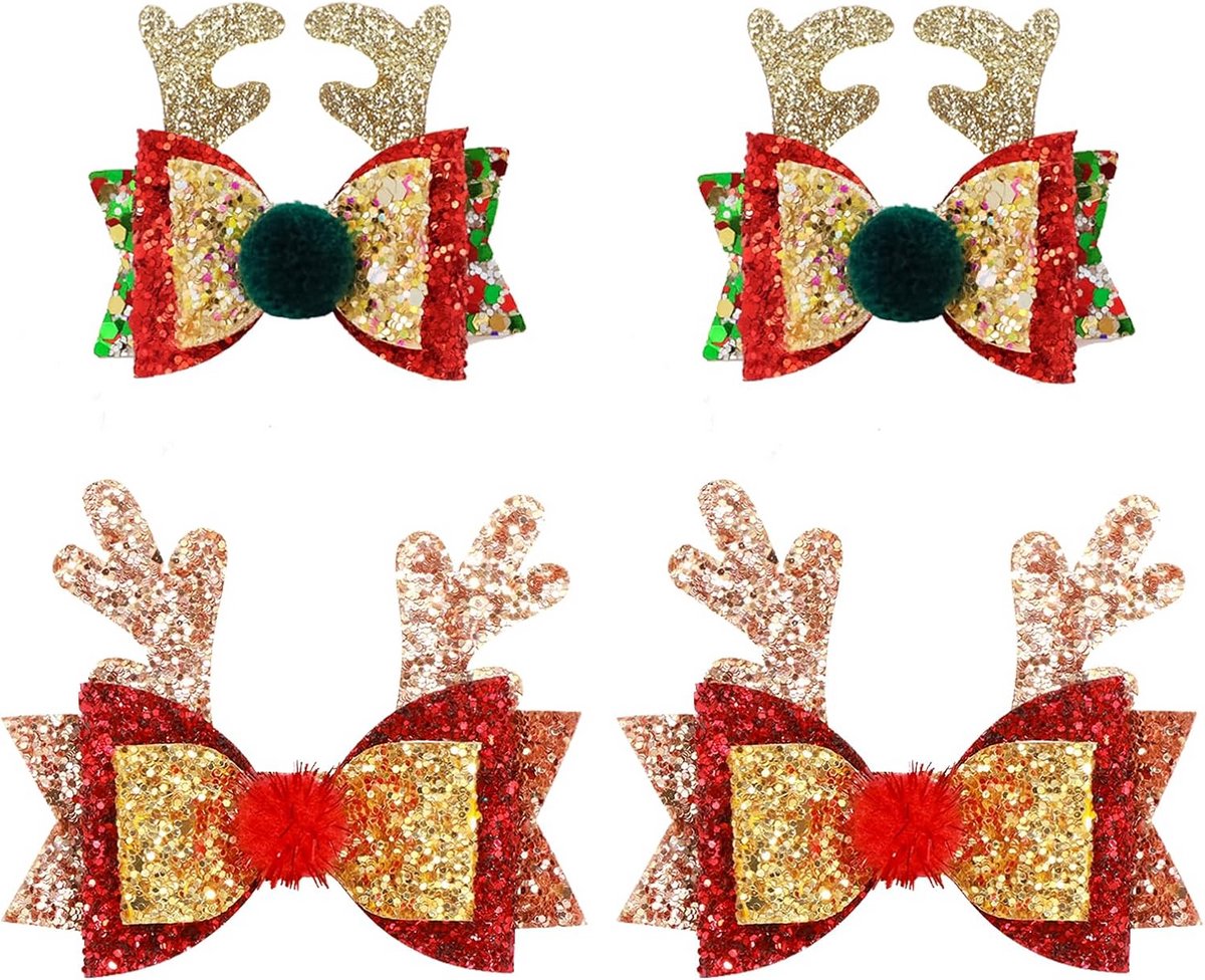 Set van 4 Kerst Haarspeldjes met Glinsterende Pailletten Strikken en Rendieraccenten