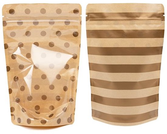 Stazakken Transparant/Kraft Met Goude Stippen Bedrukking & Strepen Patroon 13x7,9x20,6 cm (25 Stuks) — afbeelding 2