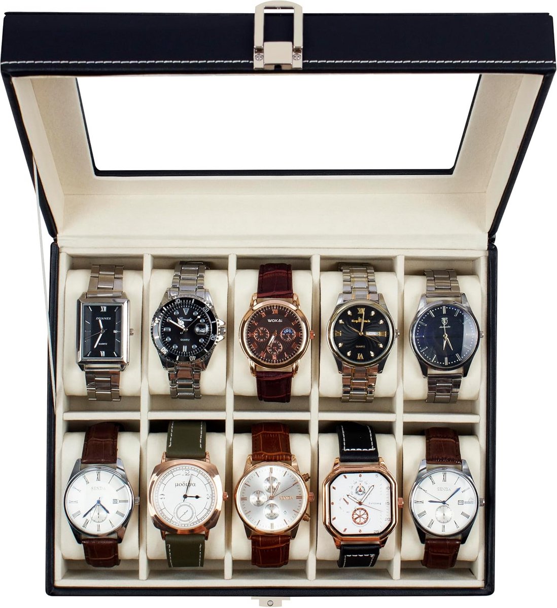 BEGHOME Horloge Box 10 Slot Display Case Organizer Glas Opslag met Pu Leer voor Mannen en Vrouwen