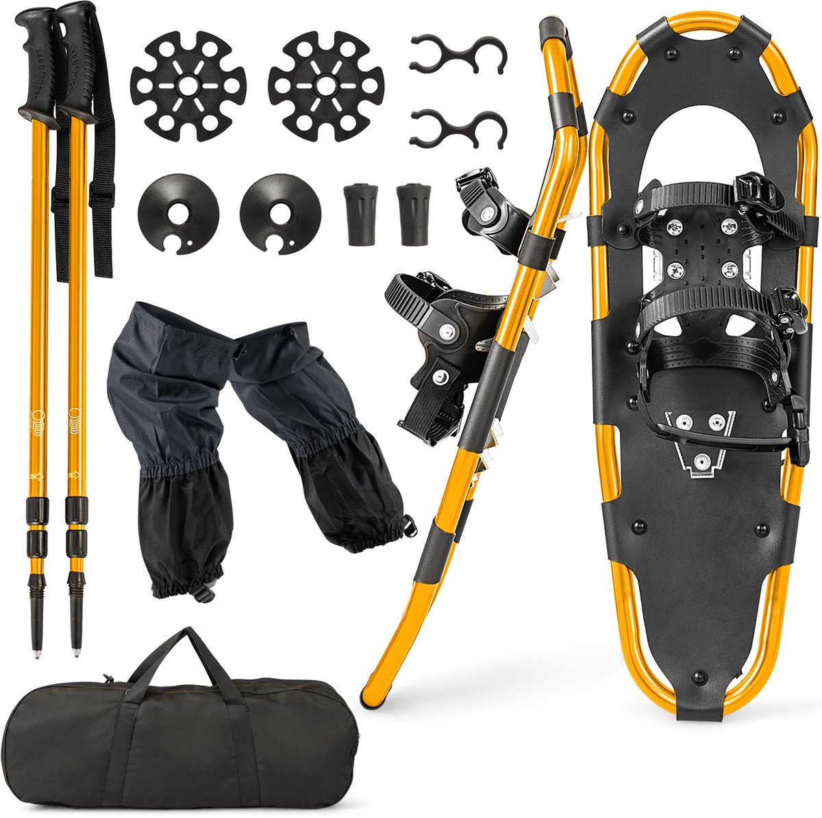 COSTWAY 4-in-1 sneeuwschoenenset schoenmaat 38-45 sneeuwschoenen met dubbel ratelbindsysteem aluminium frame trekkingstokken en draagtas beenkappen voor heren en dames Goud