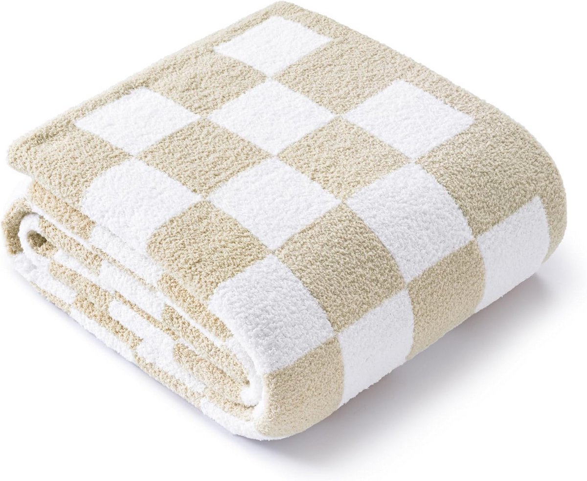 Gebreid Fleece Plaid Deken, Ultra Zacht en Warm voor Sofa en Bed met Karompatroon, 130x150cm, Kaki