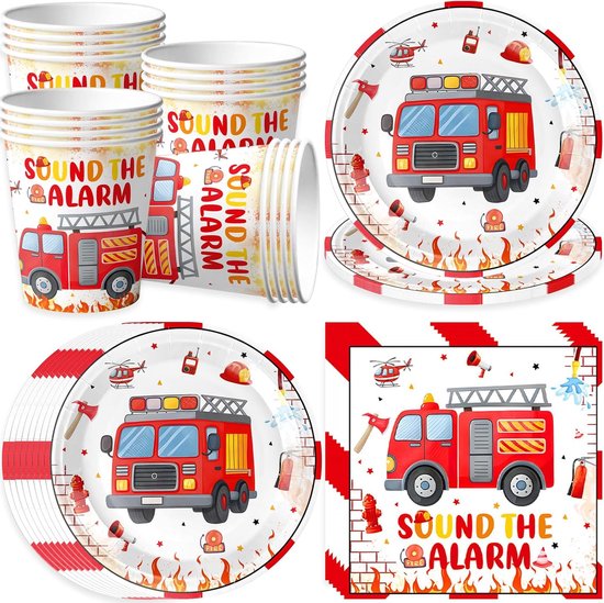 16 Guest Party Tableware Set - Brandweer - Verjaardag - Feest - Borden - Servetten - Bekers - Brandweerman - Papieren Borden - Kinderverjaardagsset voor Jongens