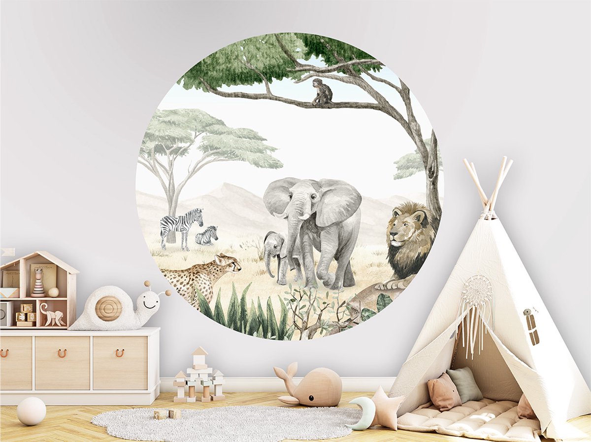 Muurcirkel - Kinderkamer - Wanddecoratie - Babykamer - Savanne - Dieren - ø 80 cm