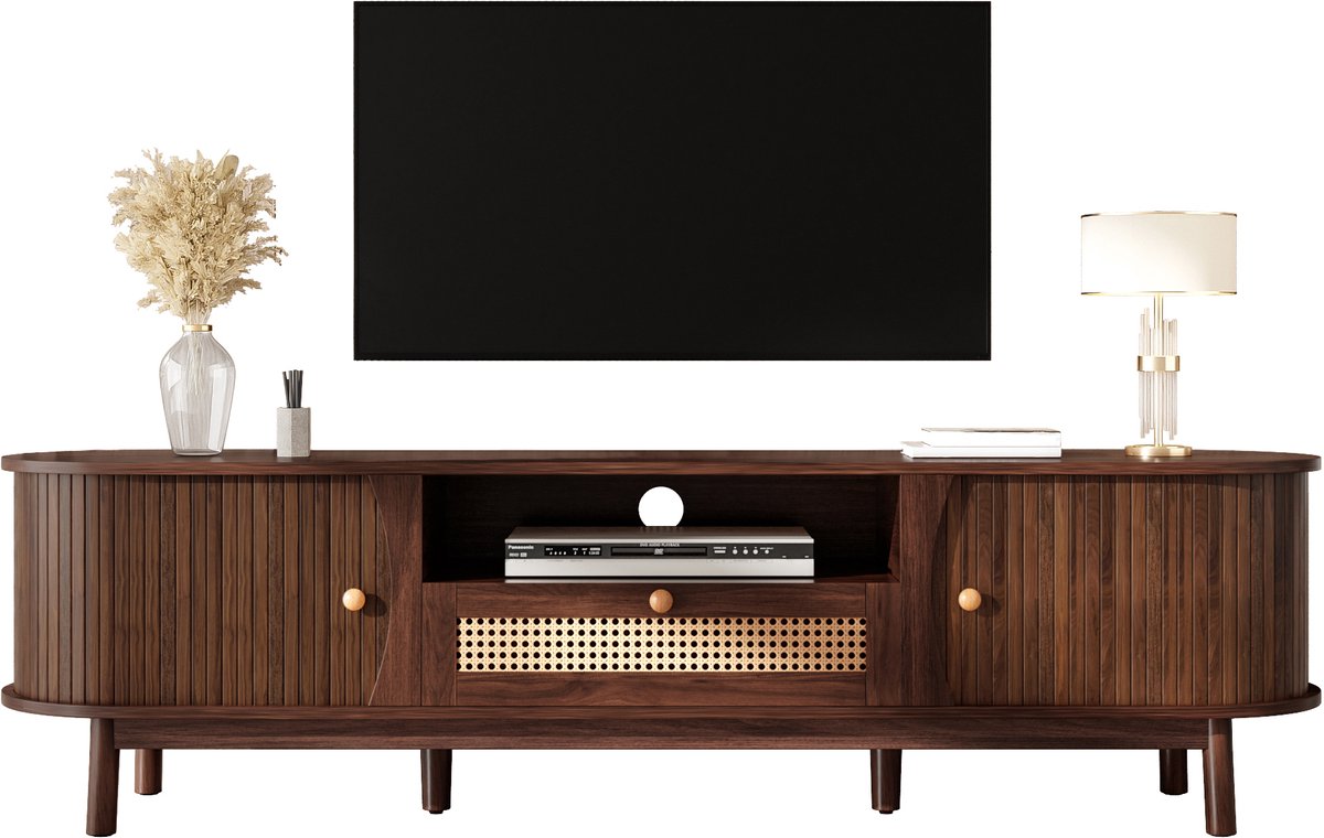 TV-kast - Deuren en Laden - Rattan Zijkanten - Massief Hout - Landhuisstijl - Lage Frontpa