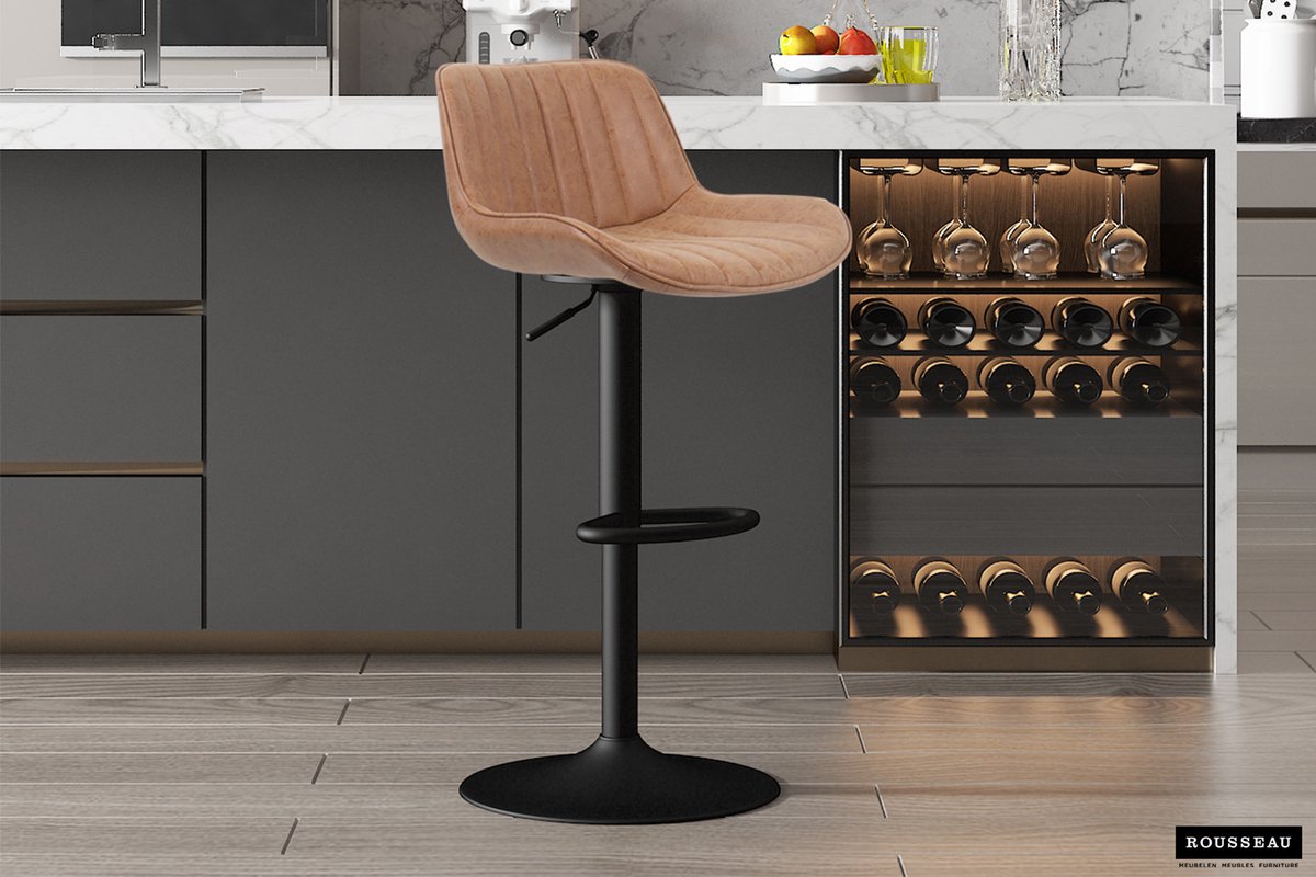 Barstoel/Barkruk 'Fenna' in PU Cognac kleur - H 84-105 cm x B 48 x D 49cm - Counterstoel - Set van 2